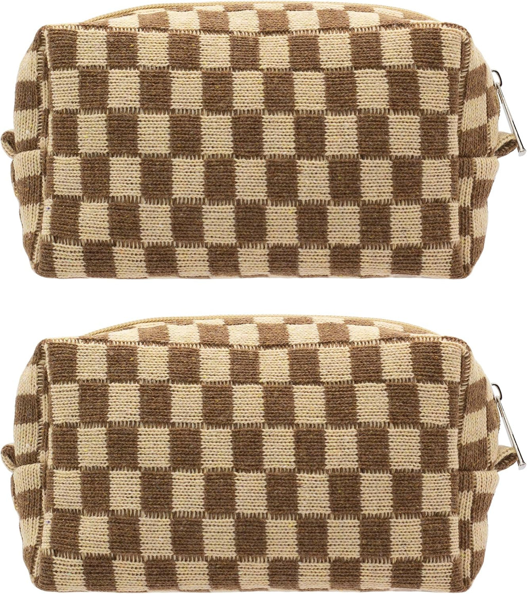 PAZIMIIK Checkered Makeup Bag for Purse Portable Zipper Make Up Pouch Small Cosmetic Case for Travel Accessories (2PCS Coffee)