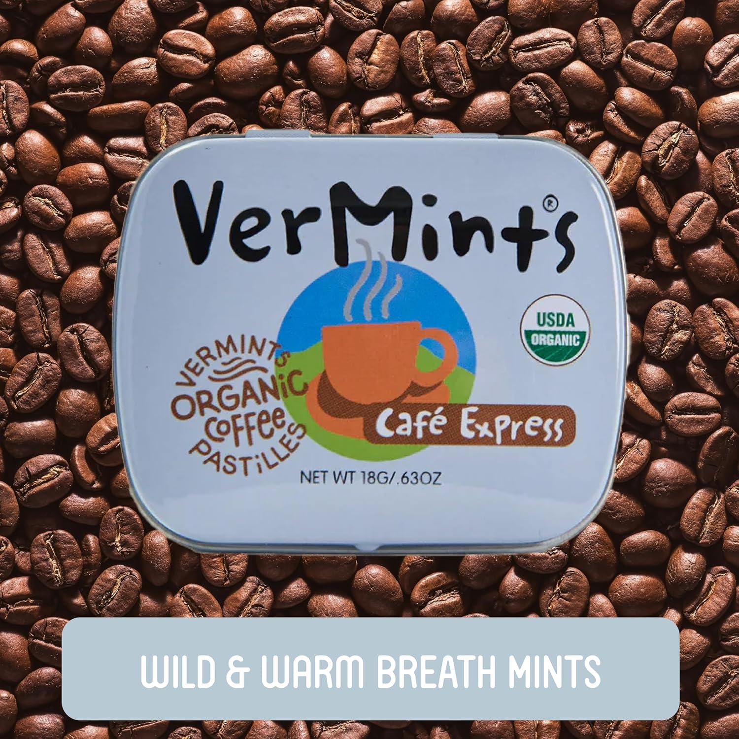 VerMints Organic Breath Mints Café Express - Real Ingredients, Lasting Coffee Flavor - Travel Size Tins - Non-GMO, Nut Free, Gluten Free, Vegan & Kosher Coffee Candy - .63oz/18g (Pack of 12)