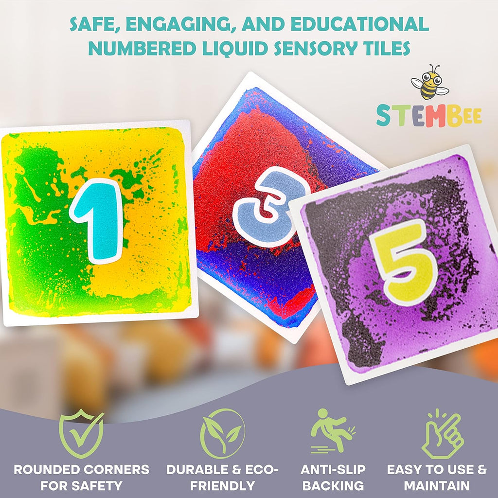 10-Pack Numbered Liquid Sensory Tiles, 12" x 12" Activity Play Mats for Toddlers Kids Boys Girls, Colorful Sensory Water Mat, Floor Activity Mat, Childhood Educational Toddler Learning Toys