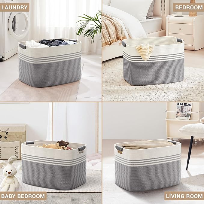 100L Extra Large Laundry Basket with Leather Handles for Living Room Storage, Woven Rope Baskets for Blanket, Kids Toy, Gifts, Wicker Hamper for Bedroom Dirty Clothes, 24"x16"x16" White Grey