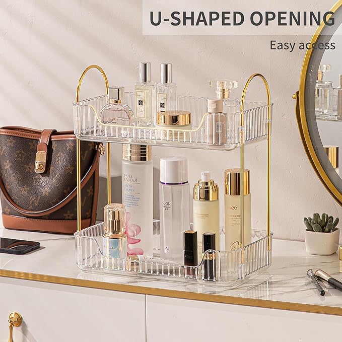 2 Tier Bathroom Organizer Countertop Makeup Perfume Tray Skincare Organizer for Bathroom Dresser Vanity (White)