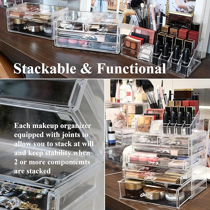 Sea Team 3-Layer Stackable Clear Makeup Organizer with Drawers, Acrylic Plastic Cosmetic Display Case, Jewelry Storage Box for Dresser, Bathroom, Vanity, Countertop (6 Drawers, 1 Lipstick Holder)