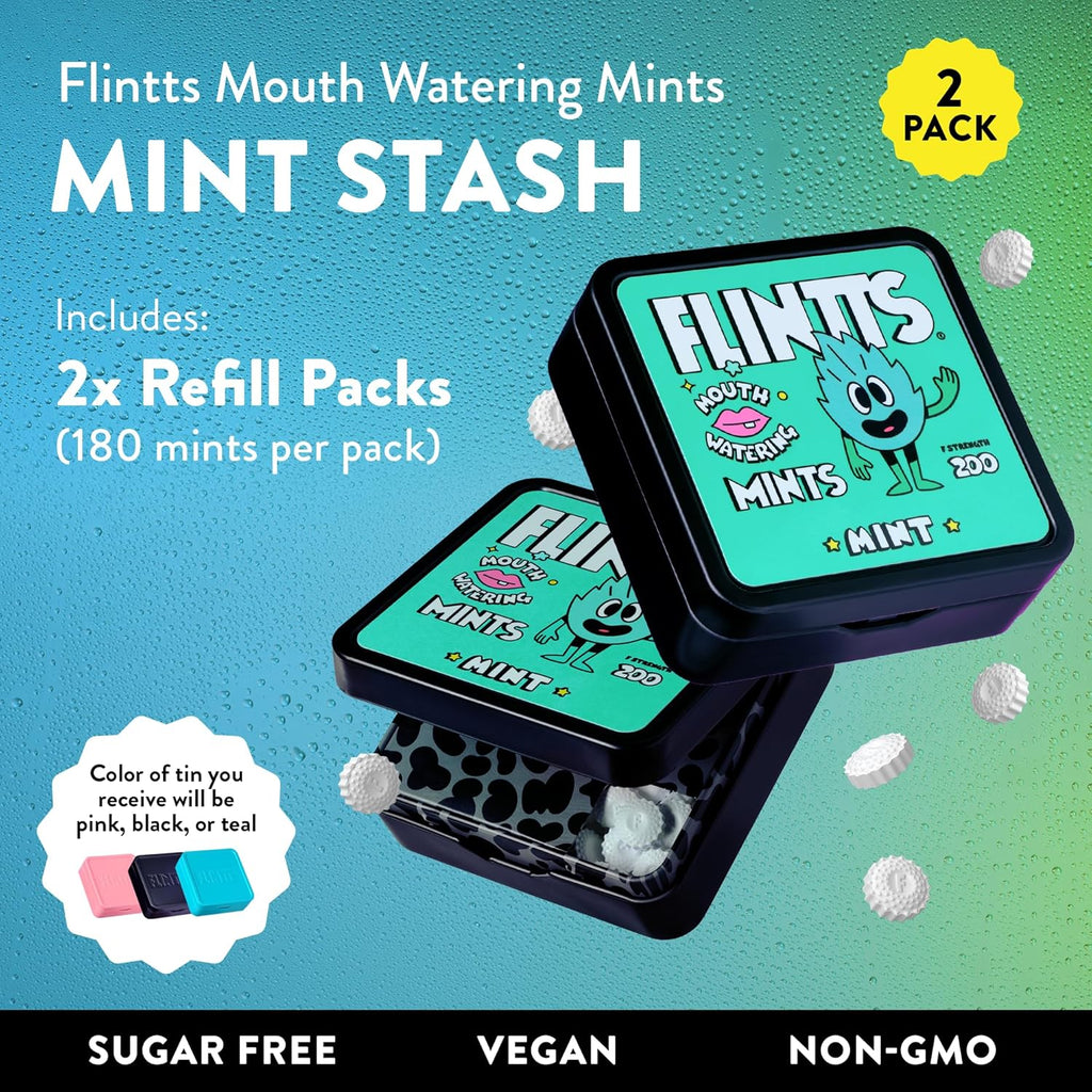 Flintts Mints Mint Stash – Sugar Free Mouthwatering Mints for Dry Mouth Relief & Freshness – Vegan Oral Health Support with Sparkle Effect – Pocket Travel Saliva Substitute, Lozenges Alternative, 2 Refill Packs