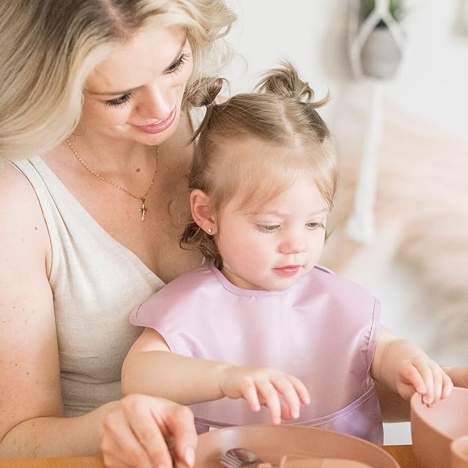 Tiny Twinkle Mess-Proof Baby Bibs for Eating | Waterproof, Wipeable Toddler Bibs with Catch-All Pocket | Feeding Bibs for Girls & Boys(5 Pack,Girl Solids)