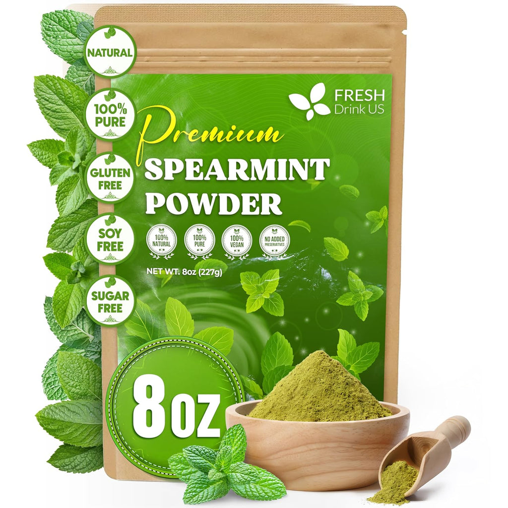 FreshDrinkUS, Premium Spearmint Leaf Powder 8oz – Pure Natural Mint Powder for Tea, Smoothies, Cooking, and Baking – Resealable Pouch