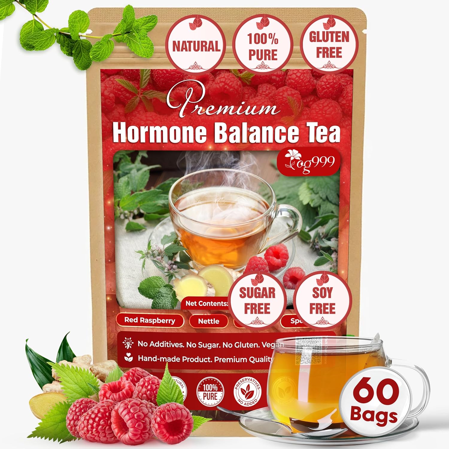 TOG999, 60 Tea Bags for Hormone Balance Menstrual Cycle Support, 100% Natural & Pure from Red Raspberry Leaves with Spearmint Flavor. Natural Material Tea Bags. No Sugar, No Caffeine, Vegan.