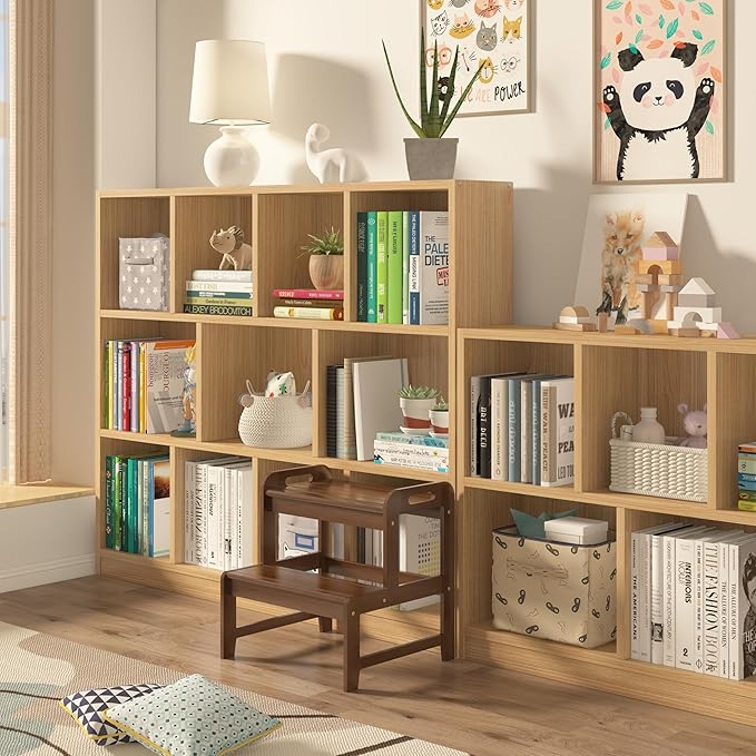 Step Stool for Kids Bamboo Toddler Two Steps Stool with Anti-Slip and Handles Stairs 300 lbs Capacity for Bathroom Kitchen Bedroom(Brown)