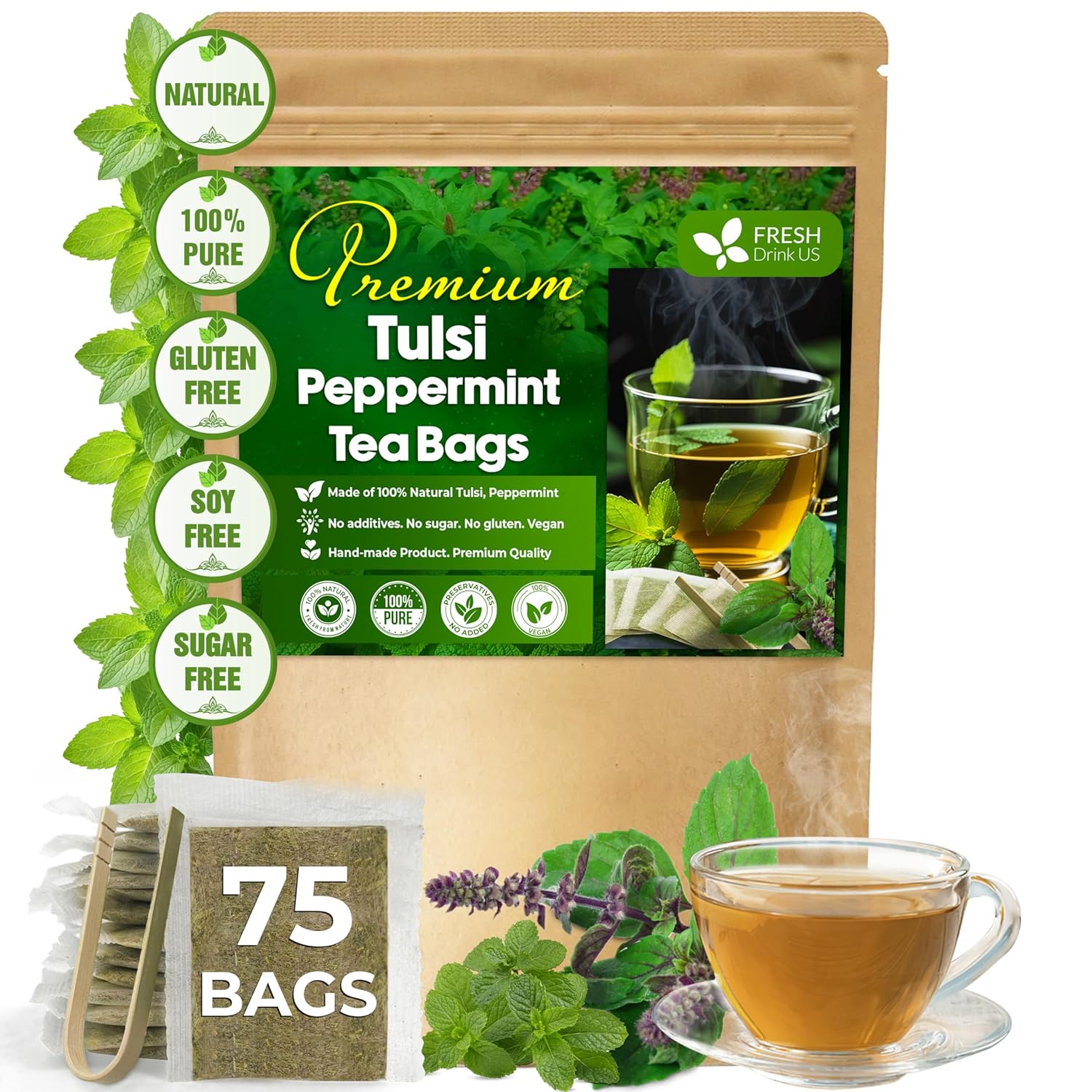 FreshDrinkUS, Premium Tulsi Peppermint Herbal Tea – 75 Tea Bags, 100% Natural, Blend of Tulsi Holy Basil Leaves, and Peppermint Leaves. Made with Natural Material Tea Bags. No Sugar, Vegan.
