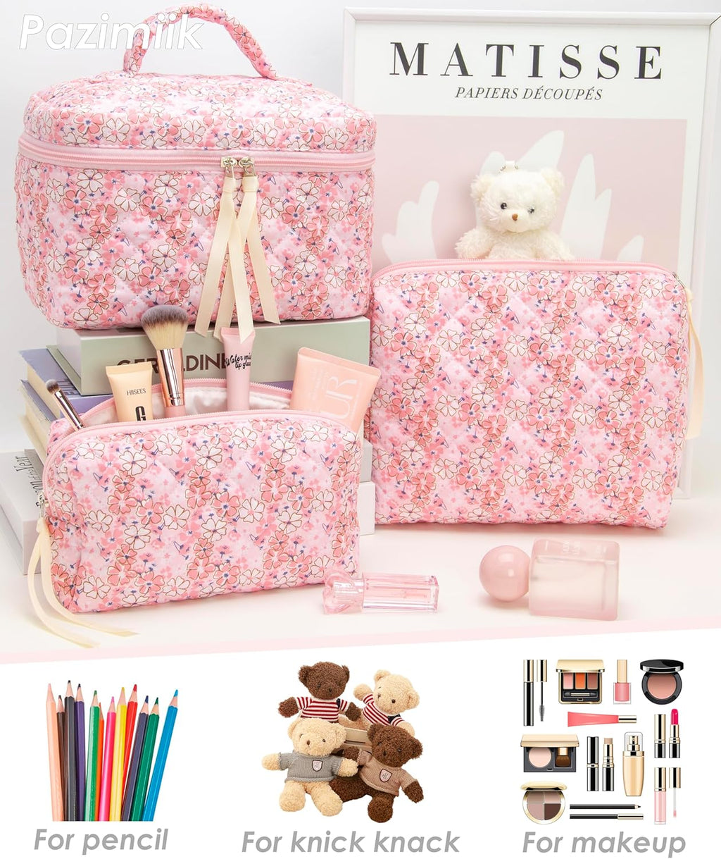 PAZIMIIK 3PCS Makeup Bag SET Large Travel Quilted Zipper Soft Cosmetic Case Pouch for Women Girls Make Up,Pink Flower