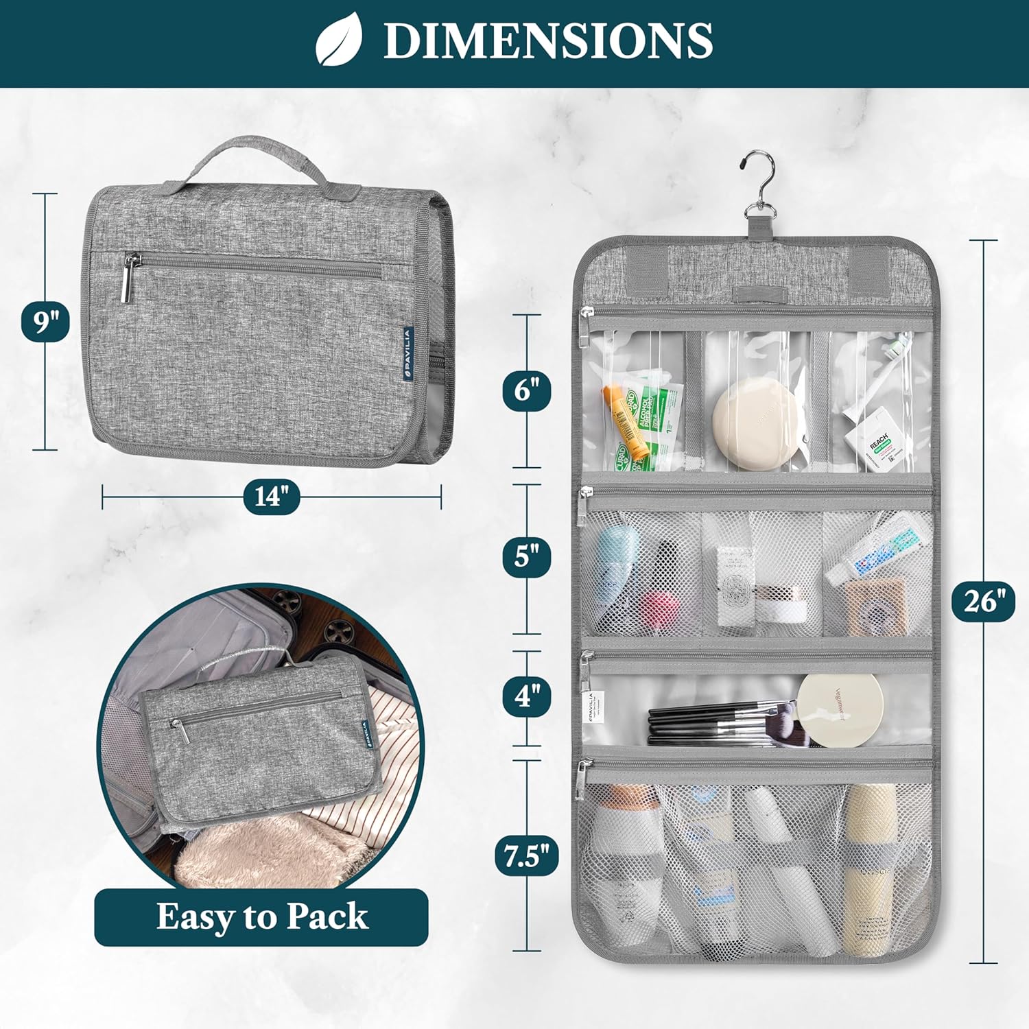 PAVILIA Hanging Toiletry Bag Women Men, Travel Kit Foldable Large Toiletries Organizer, Roll up Cosmetics Makeup Bag Accessories, Waterproof Essentials Jewelry Case (Heather Grey)