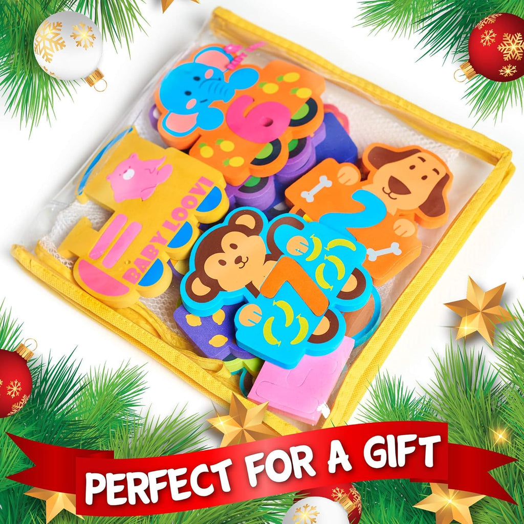 100% Non-Toxic Bathtub Numbers - Fun Bath Foam Toys - Educational Puzzles Floating Bathtub Animals for Kids Girls Boys - Set of 27 pcs - Wet & Stick - Fre. Bath Toy Organizer