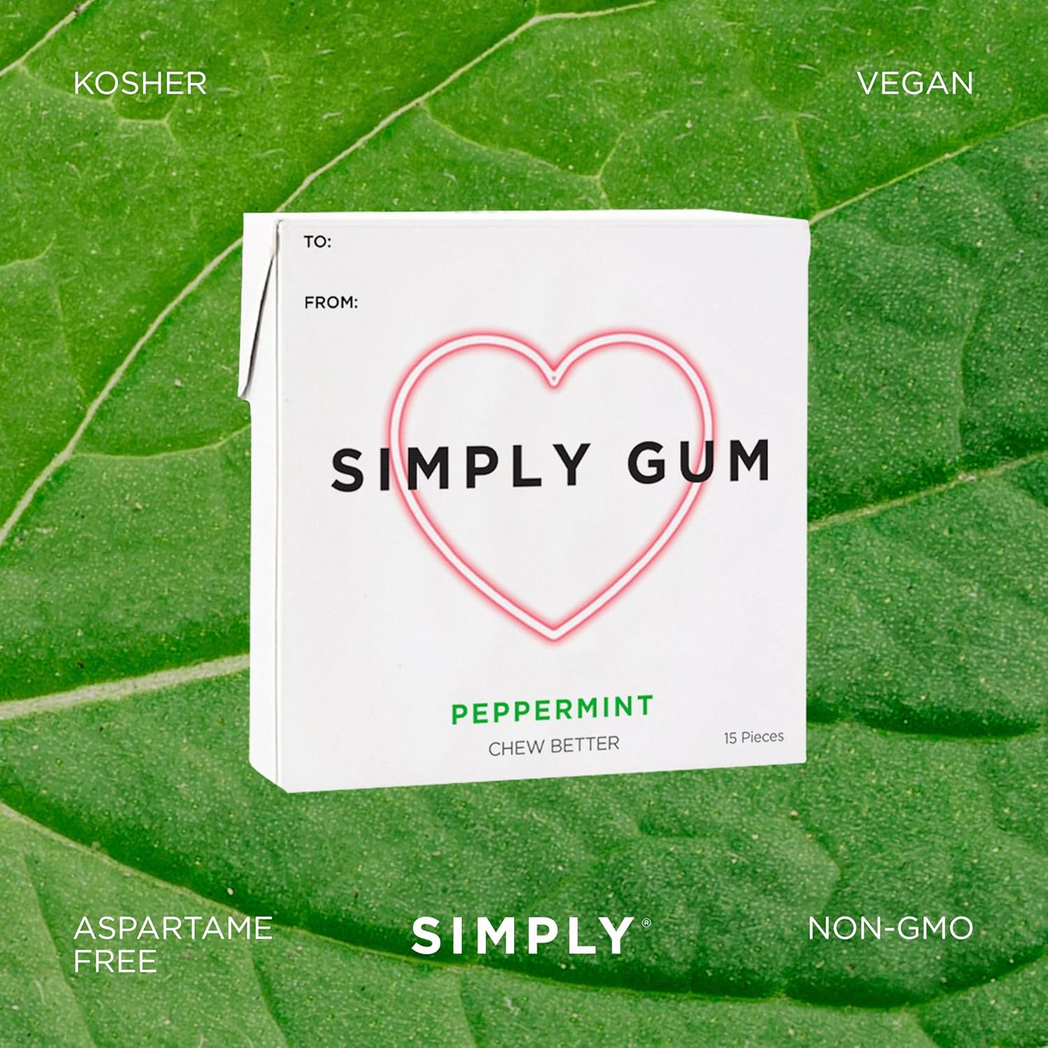 SIMPLY Gum Peppermint, Plastic-Free Natural Chewing Gum, Heart Box 6 Pack (90 Pieces) | Vegan, Kosher, Non GMO, Aspartame Free and Sorbitol Free