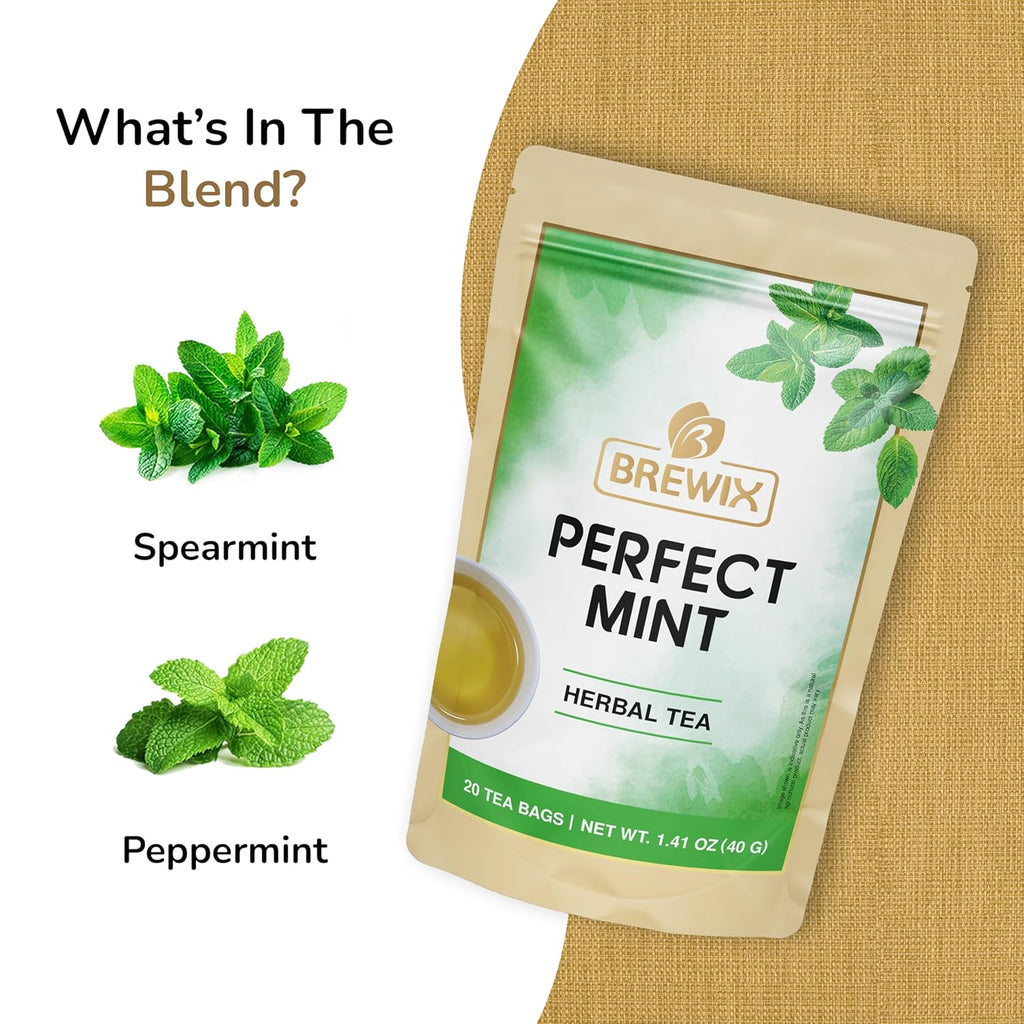 BREWIX, Perfect Mint Tea (20 Pyramid Tea Bags) | Soothing Mint Blend for Digestion Support & Daily Calm | Calming, Fresh and Cool | Caffeine Free Herbal Tea | No Sugar & No Caffeine | Spearmint and Peppermint