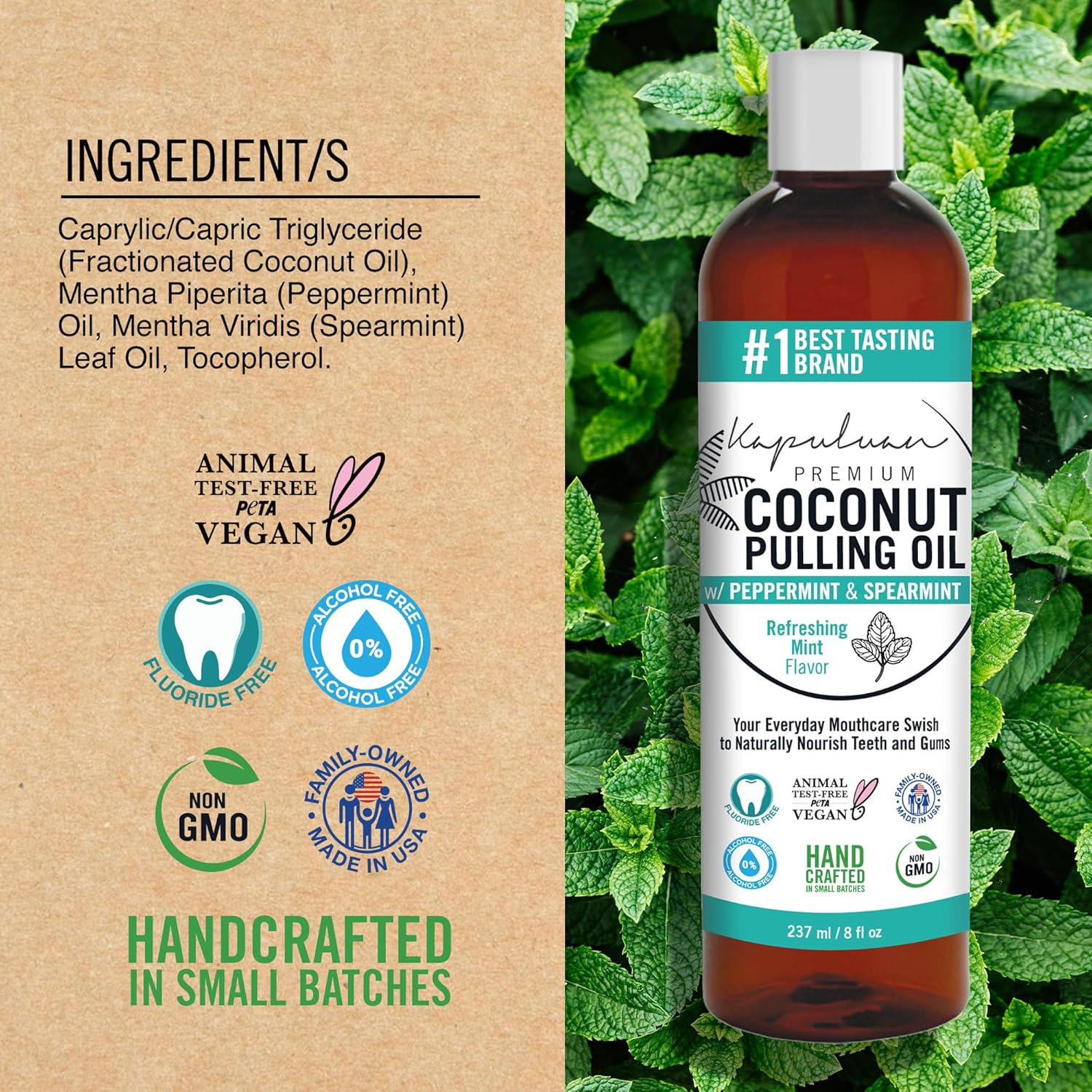 Kapuluan Coconut Pulling Oil for Teeth and Gums Mouthwash, 100% Pure and Natural, Non-GMO, Ayuverdic (Peppermint and Spearmint)