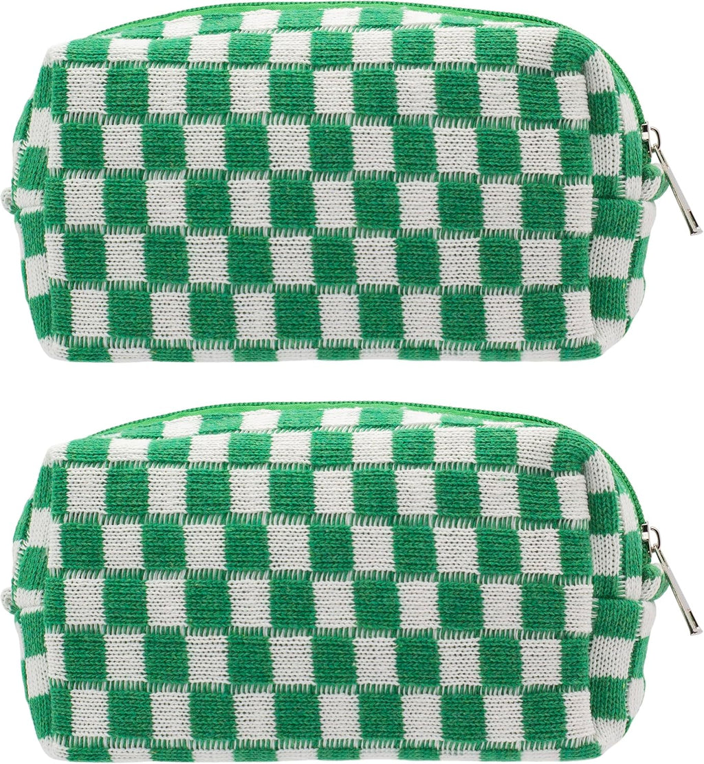 PAZIMIIK Checkered Makeup Bag for Purse Portable Zipper Make Up Pouch Small Cosmetic Case for Travel Accessories (2PCS Green)