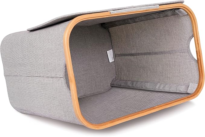 BirdRock Home Bamboo & Canvas Hamper | Single Laundry Basket with Lid | Foldable Hamper | Cut Out Handles