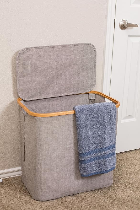 BirdRock Home Bamboo & Canvas Hamper | Single Laundry Basket with Lid | Foldable Hamper | Cut Out Handles