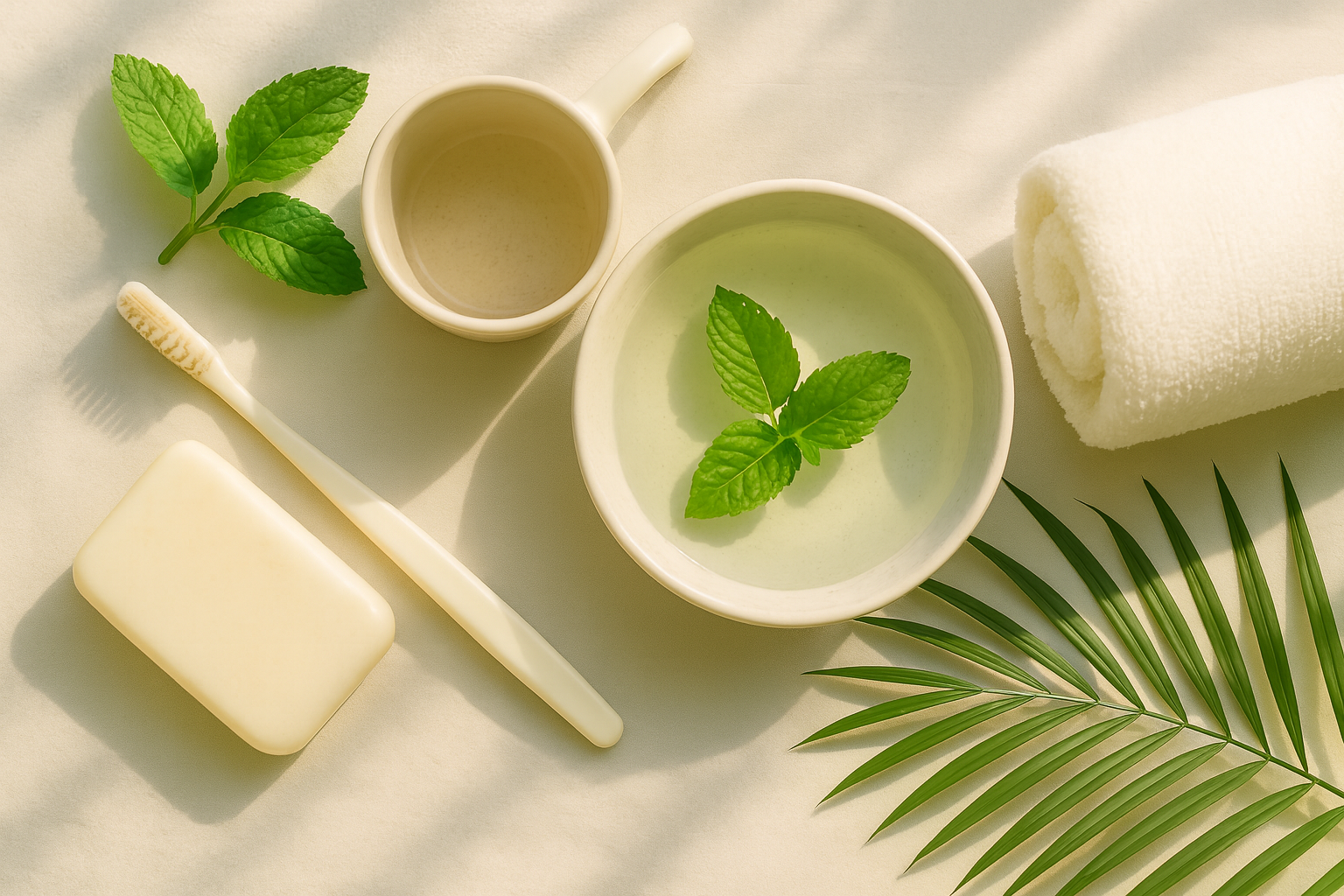 Mintora natural oral-care lifestyle setup with soap, toothbrush, cup, mint leaves, and spa towel in soft sunlight