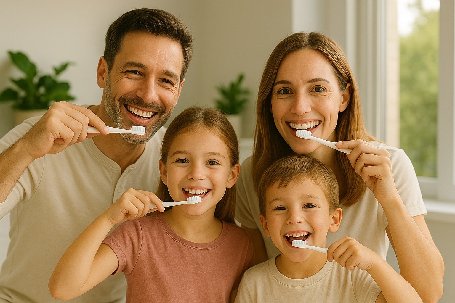 A happy family of four brushing their teeth together in a bright bathroom, smiling and enjoying a fresh morning routine