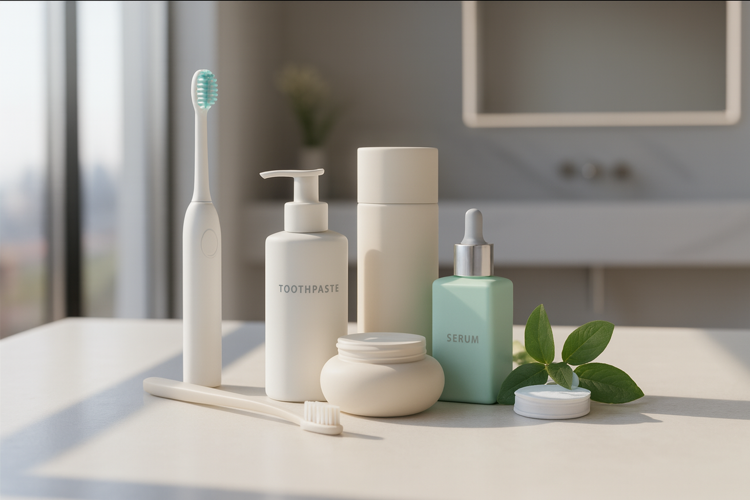 Mintora oral care essentials displayed on a clean marble surface with toothbrush, toothpaste, floss, serum bottle, mouth gel, and fresh mint leaves