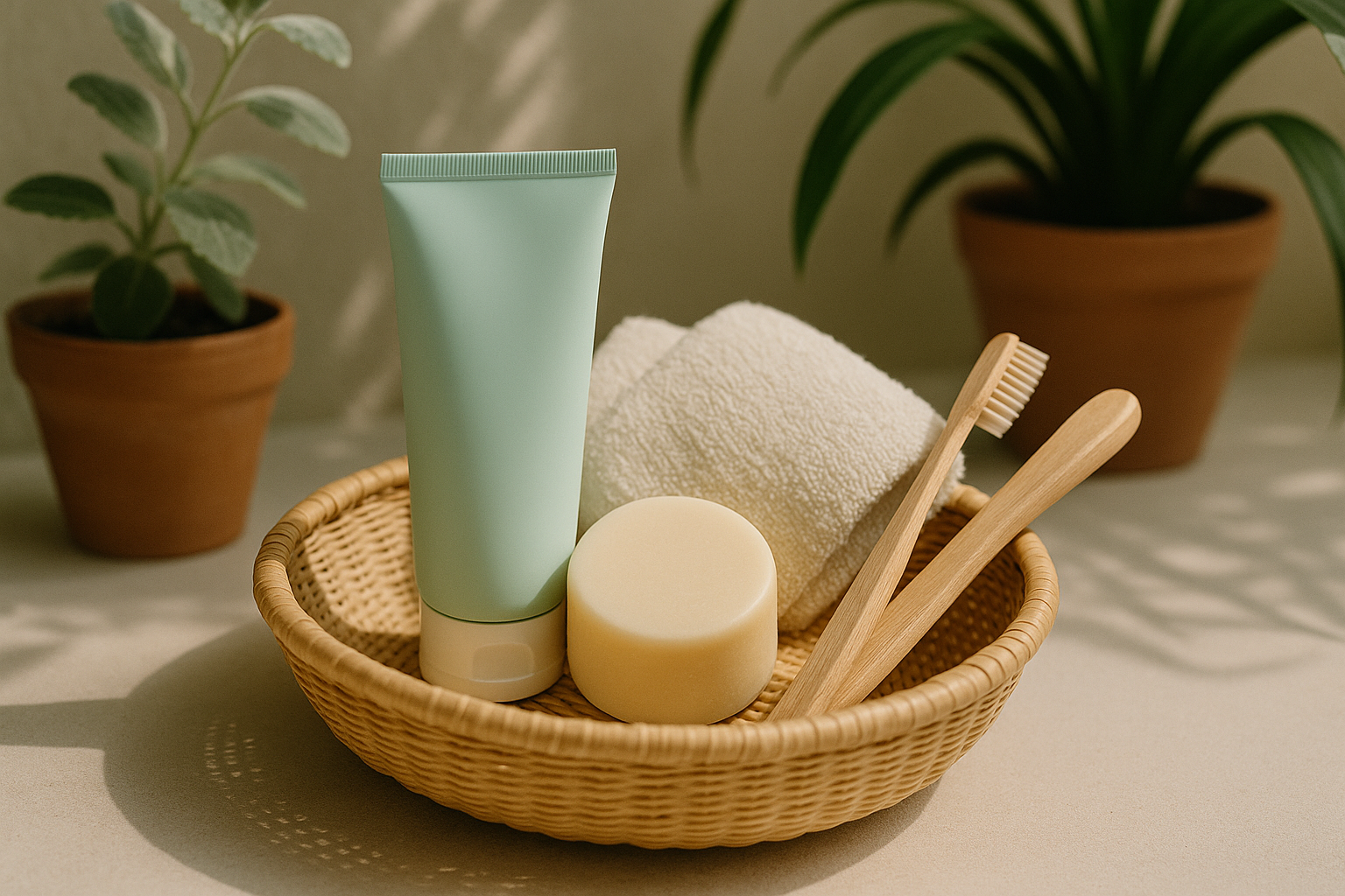 Natural lifestyle basket with mint-tone tube, towel, soap bar, and bamboo toothbrush in soft sunlight.