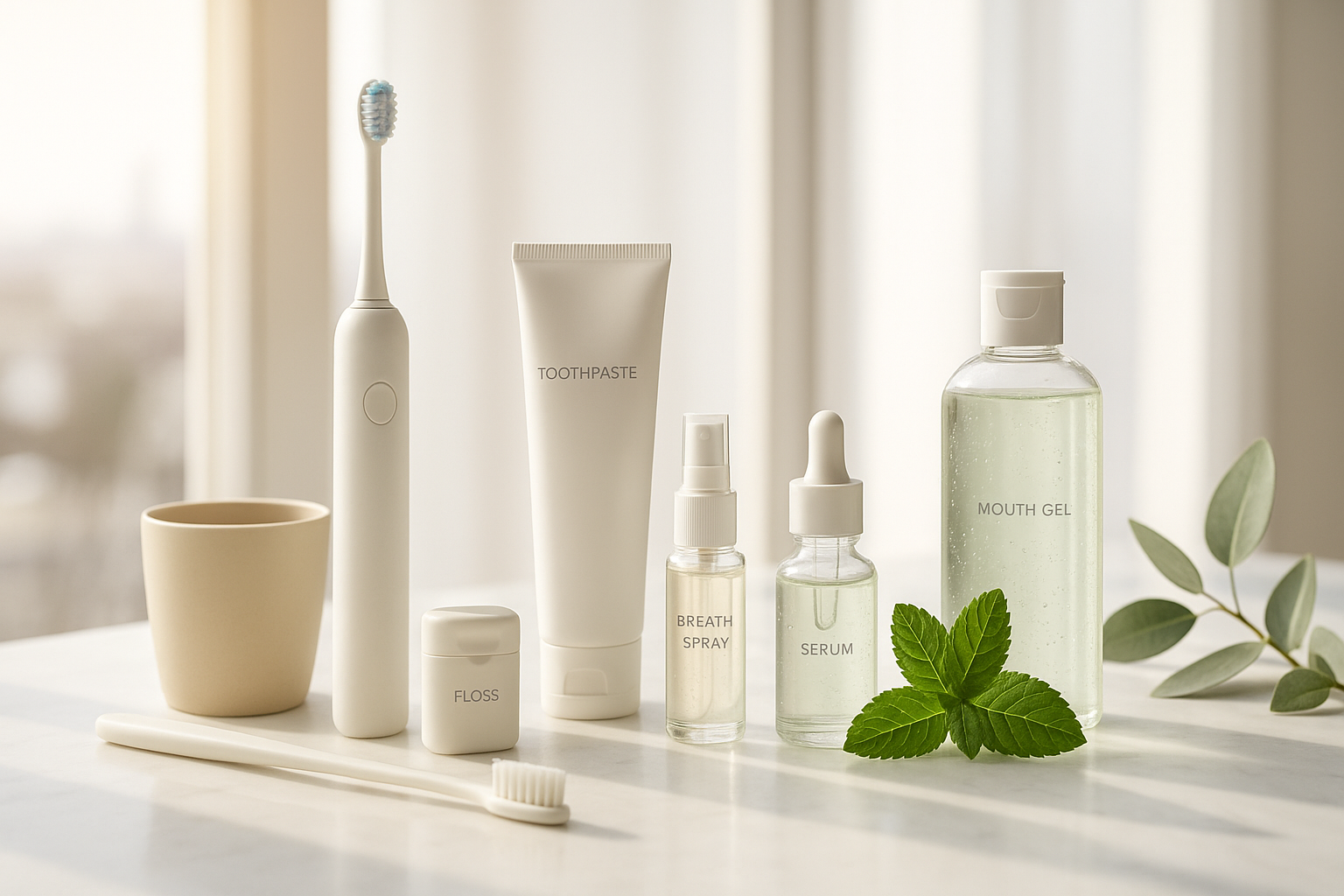 Mintora premium oral care products arranged on a marble surface with natural sunlight, including toothbrushes, toothpaste, breath spray, floss, mouth gel, and mint leaves